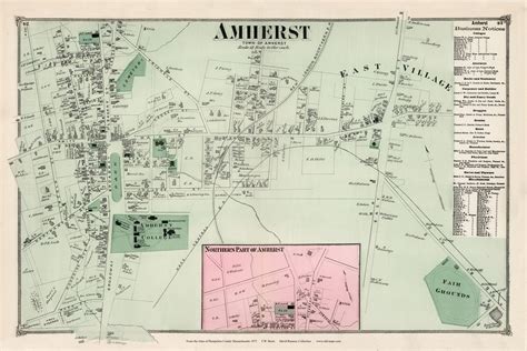 Amherst Center Massachusetts 1873 Old Town Map Reprint Hampshire Co