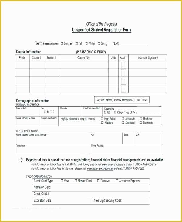 Class Registration Form Template Free Printable Templates