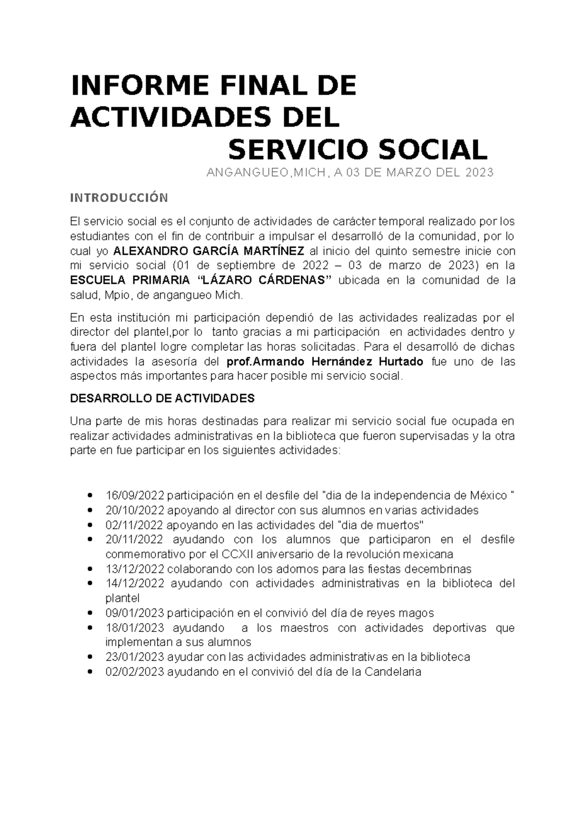 Ejemplo De Informe De Actividades De Servicio Social Ejemplo Sencillo