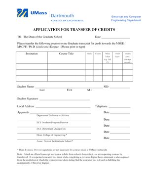 Fillable Online Umassd Application For Transfer Of Credits Umass