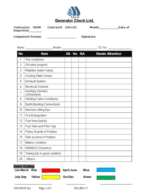 Generator Checklist Template