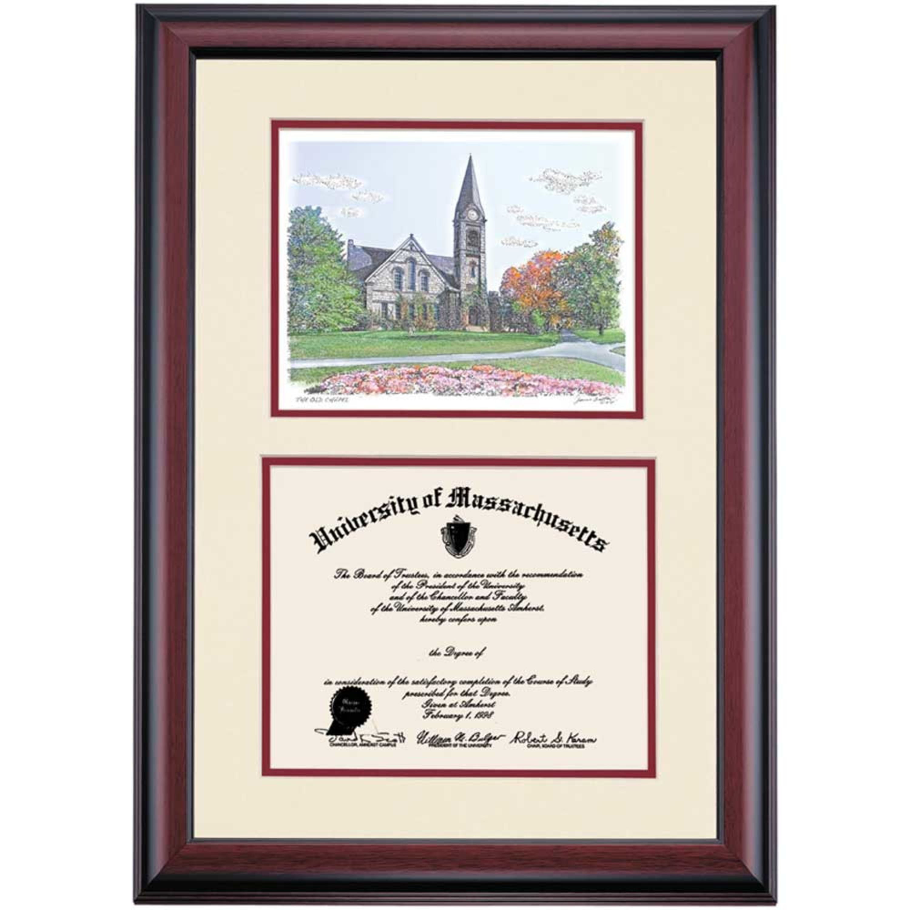 Ocm Diploma Frame For Umass Amherst Ivory Maroon Mat With Old Chapel Watercolor 24 Amp Quot X 17