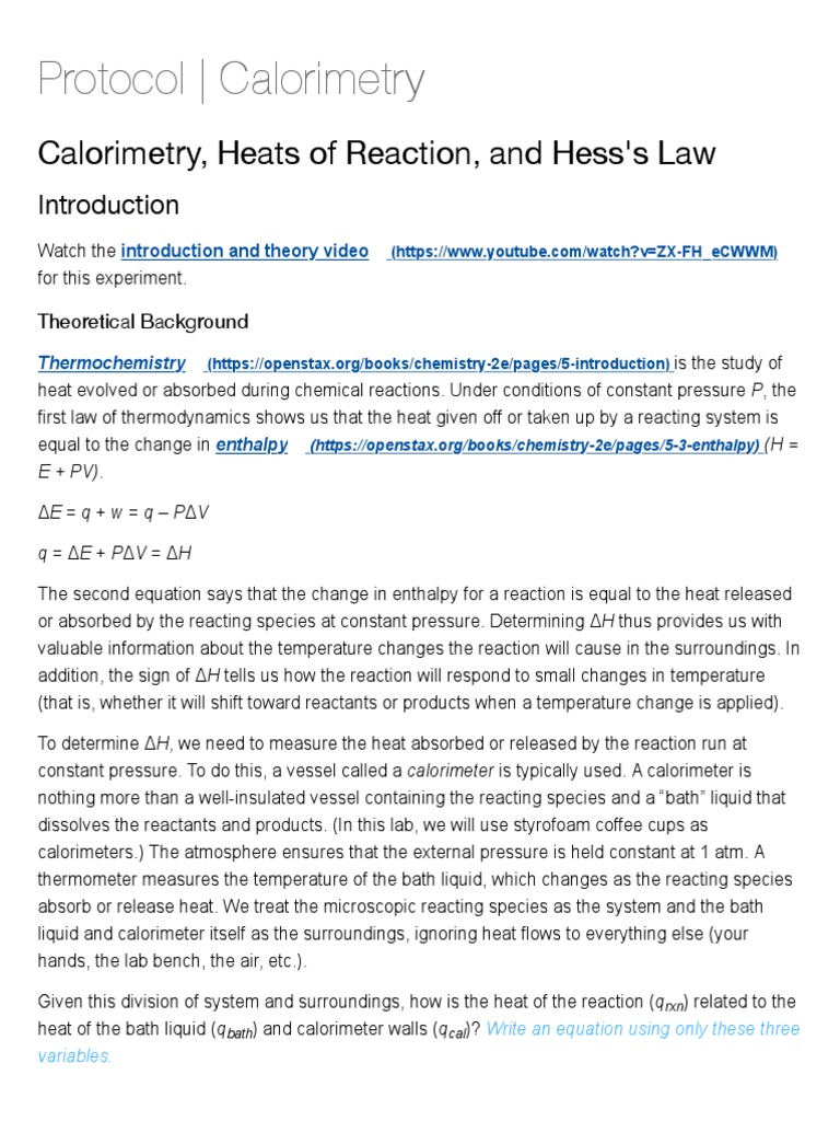 Protocol Calorimetry General Chemistry Laboratory Pdf Heat