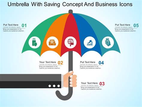 Umbrella With Saving Concept And Business Icons Flat Powerpoint Design