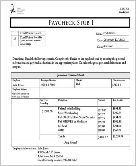 Understanding A Paycheck And Pay Stub Worksheets